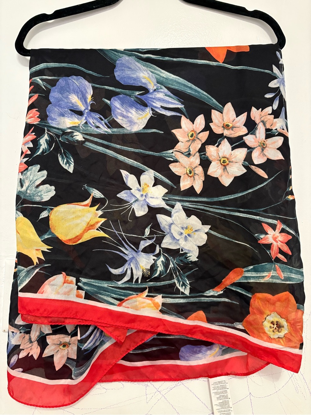 Black Floral Women's Swim Cover-Up Sarong - Red Trim